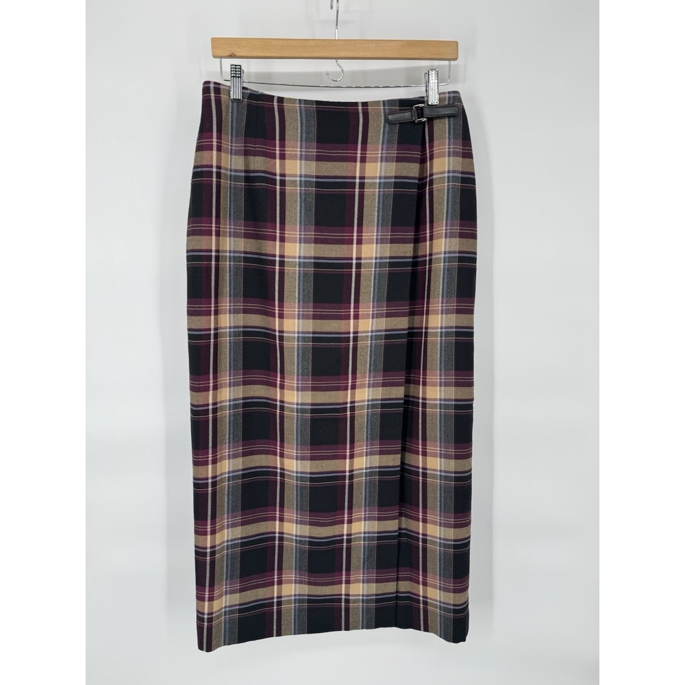 Vintage 90s Plaid Wrap Maxi Skirt Size 12 Academia Preppy Tartan Office Wool